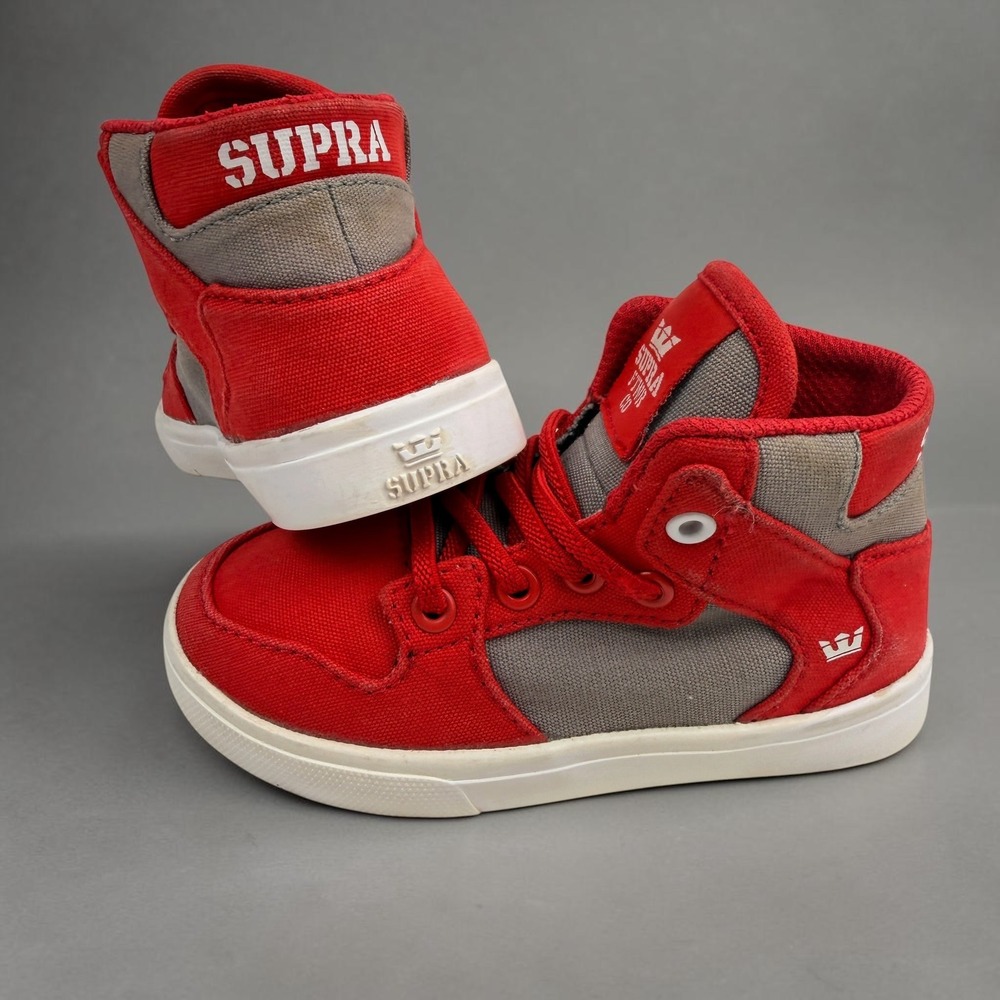 Supra Vaider Infant Red Grey Canvas High Top Skate Sneakers 28201-614-M Size 6C